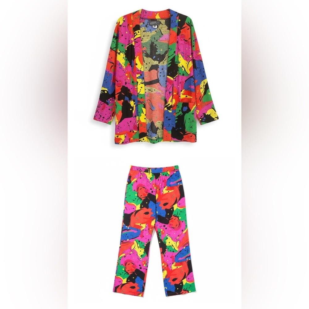 Bonnie Boynton 2-Piece Colorful Abstract Cotton Blazer Jacket & Pants Set Size S